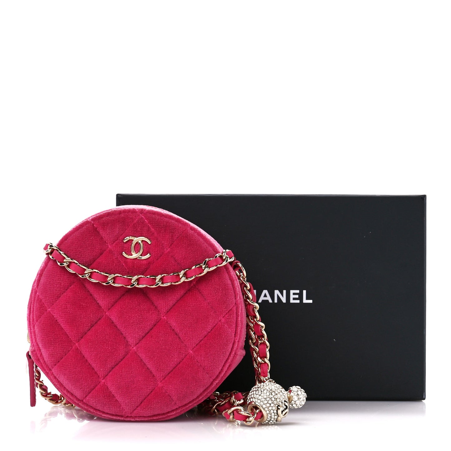 Velvet Round Quilted Pearl Crush Clutch With Chain
