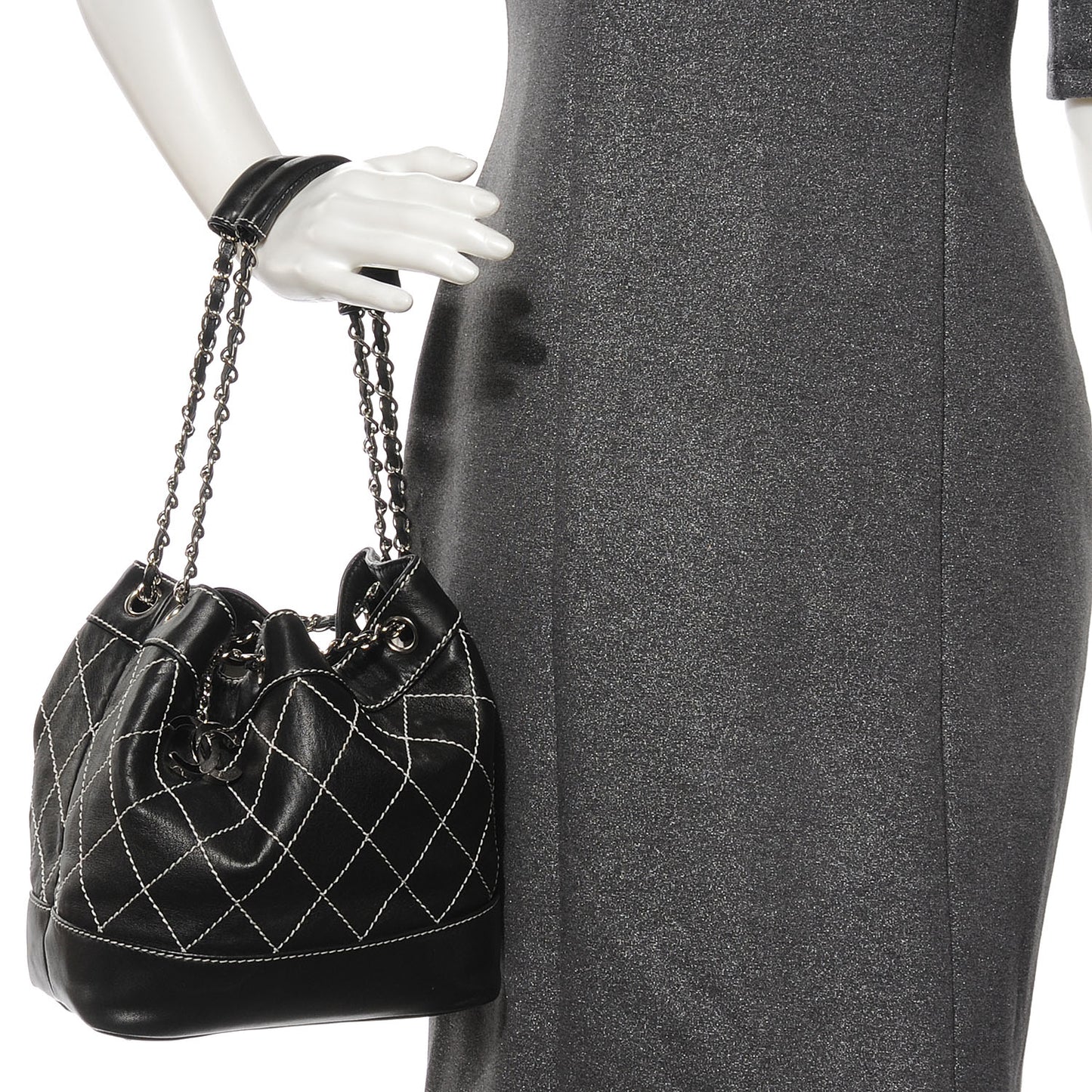 Lambskin Contrast Stitch Small Drawstring Tote Black