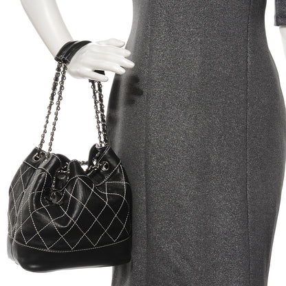 Chanel Lambskin Contrast Stitch Small Drawstring Tote Black 2 of 8