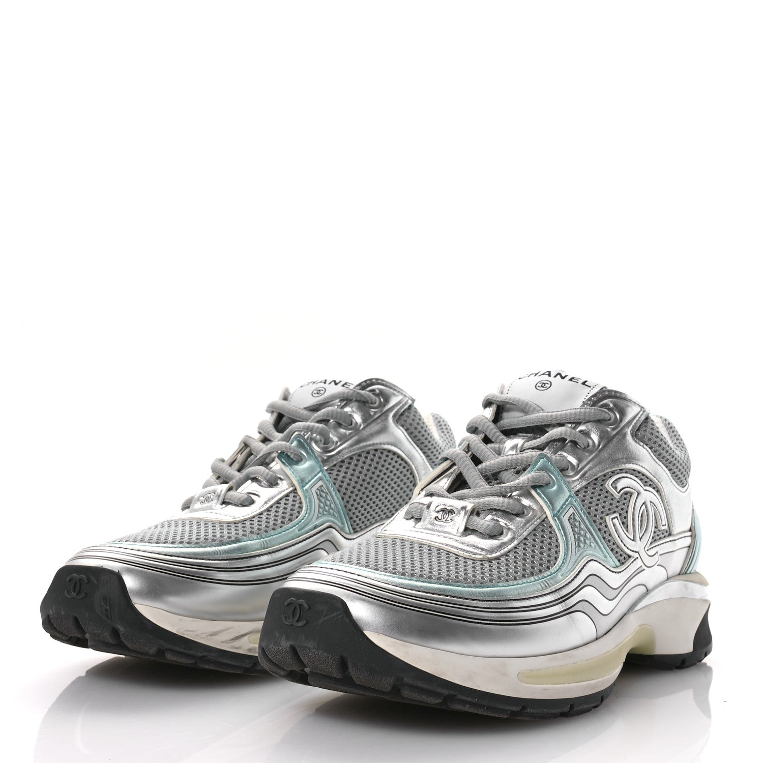 Chanel Fabric Laminated Calfskin Stretch CC Sneakers 40 Green Silver 4 of 9
