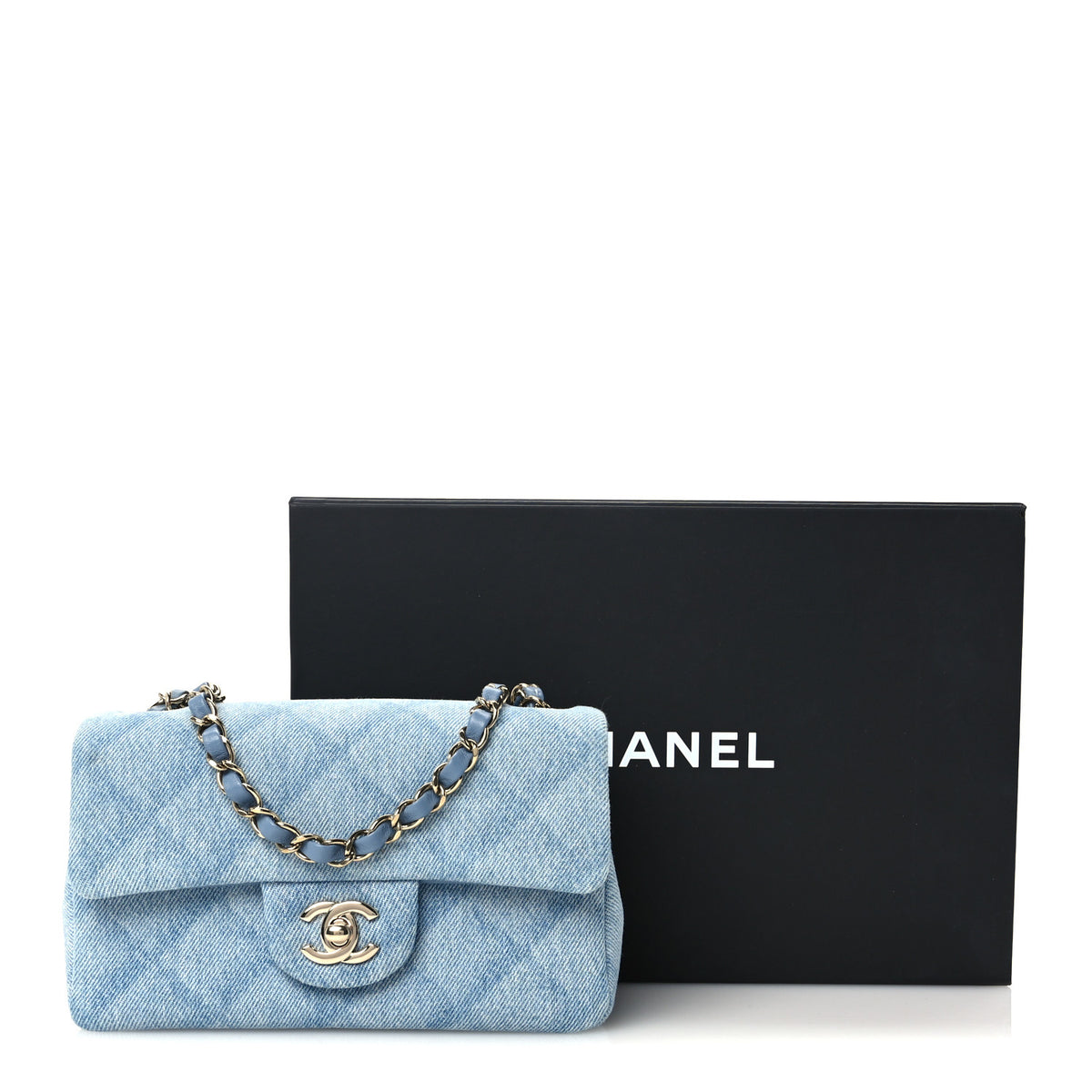 Printed Denim Quilted Mini Rectangular Flap Light Blue