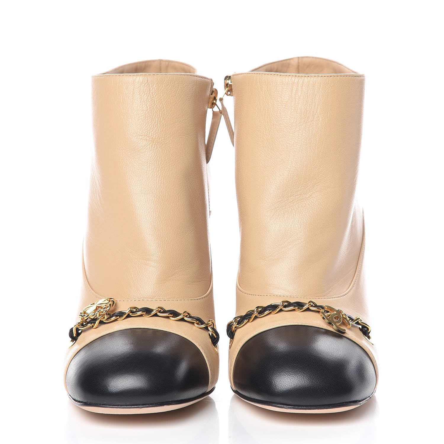 Chanel Lambskin CC Chain Cap Toe Short Boots 38.5 Beige Black 2 of 15