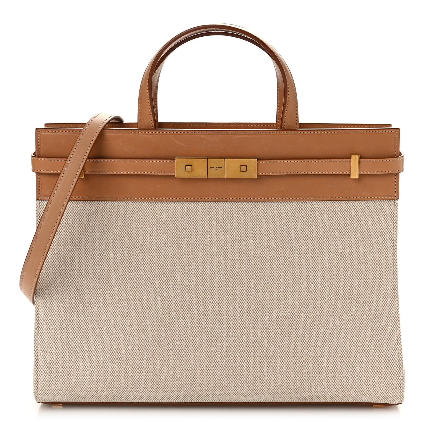 Canvas Calfskin Medium Manhattan Shopper Tote Natural Brown