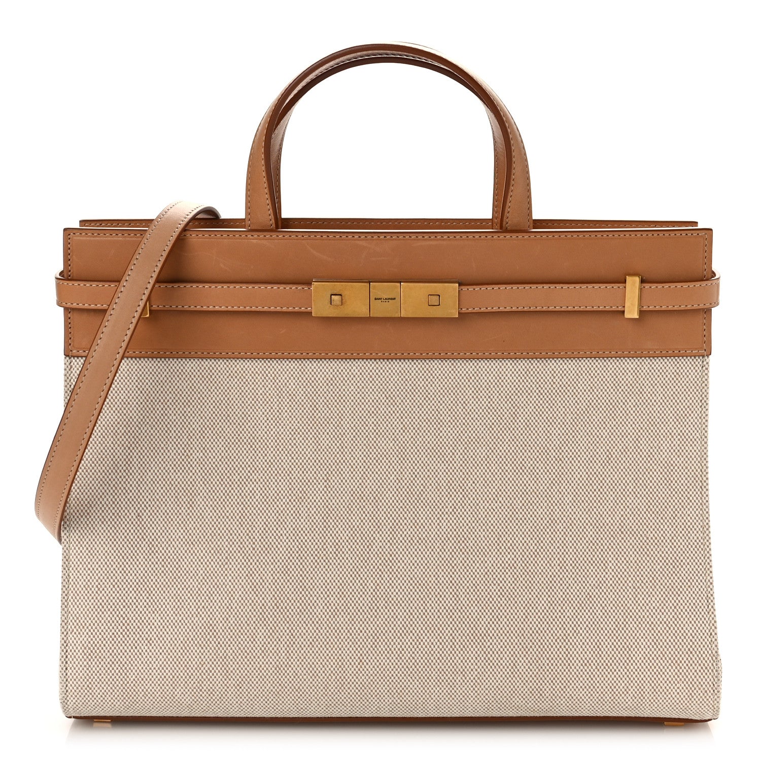 Saint Laurent Canvas Calfskin Medium Manhattan Shopper Tote Natural Brown 1 of 12