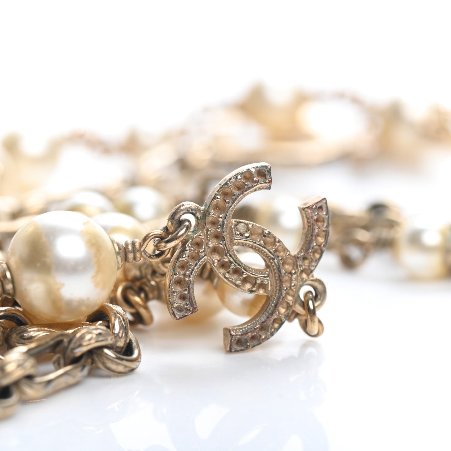 Graduated Pearl Crystal CC Long Necklace Gold