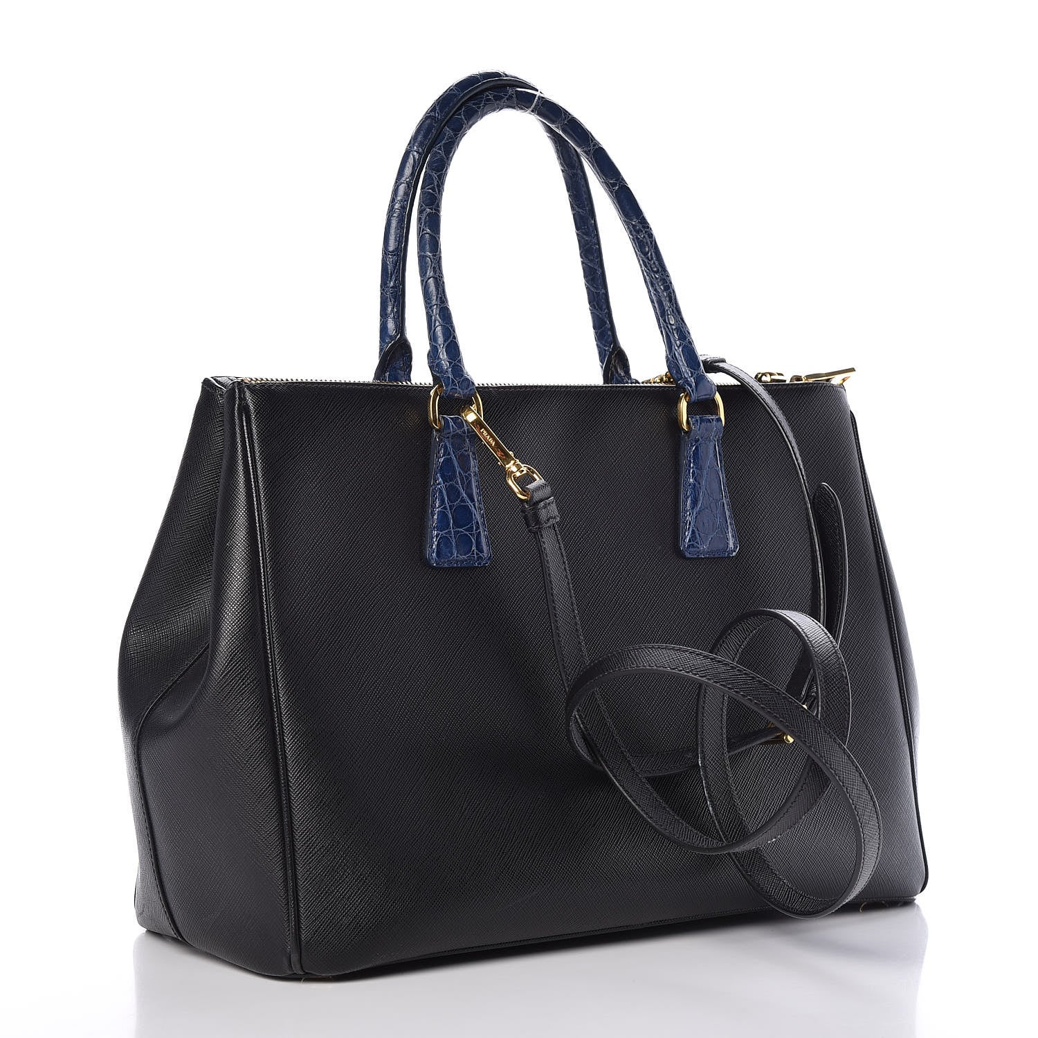 Prada Saffiano Crocodile Medium Galleria Double Zip Tote Black Bleuette 3 of 8