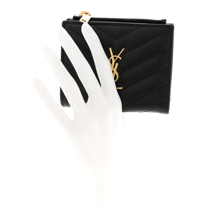 Saint Laurent Grain De Poudre Matelasse Chevron Monogram Zipped Card Case Black 2 of 8