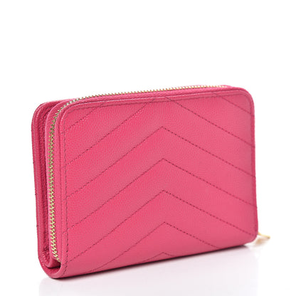 Saint Laurent Grain De Poudre Matelasse Chevron Monogram Compact Zip Around Wallet Fuchsia 3 of 9