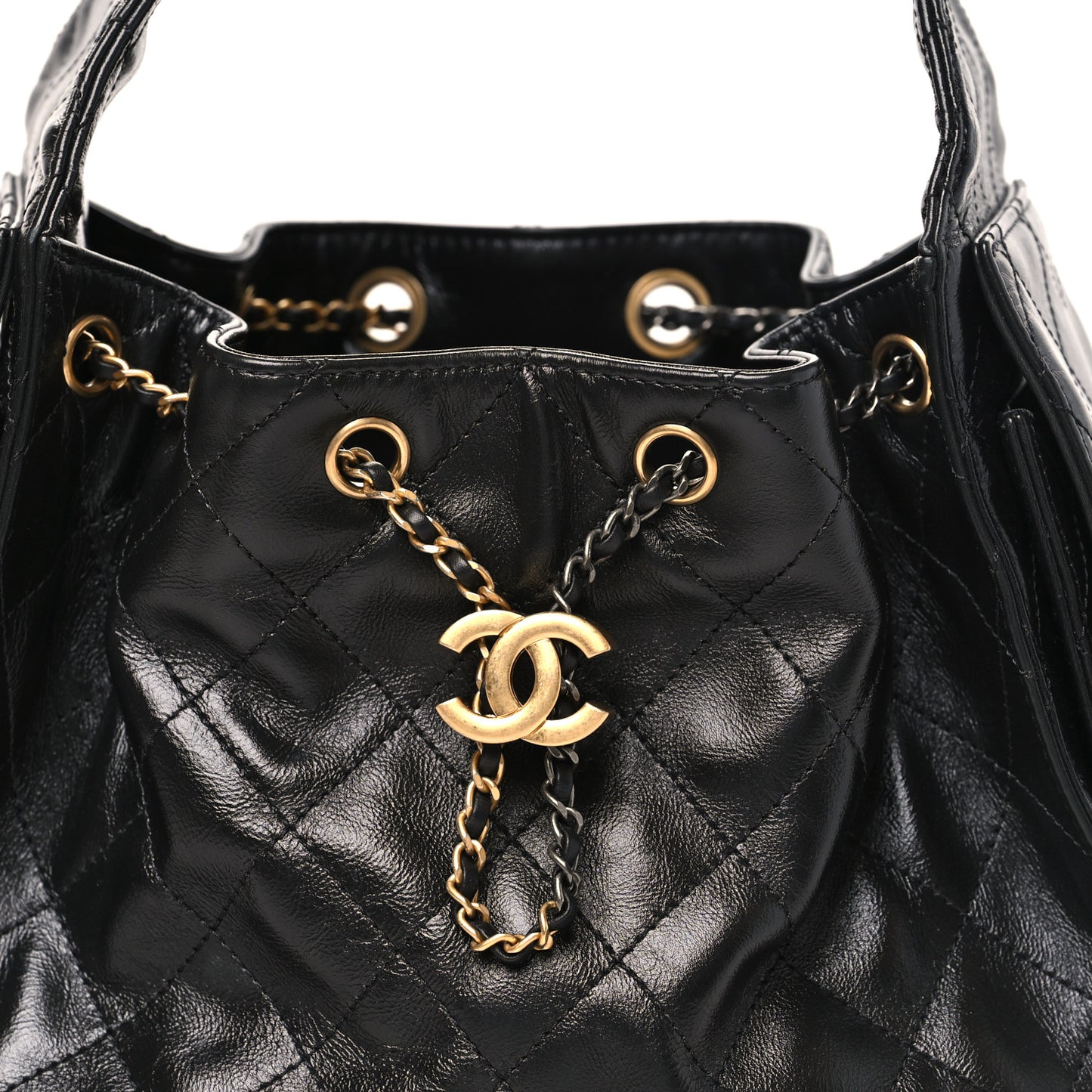 Shiny Crumpled Calfskin Quilted Small Chanel 25 Handbag Black