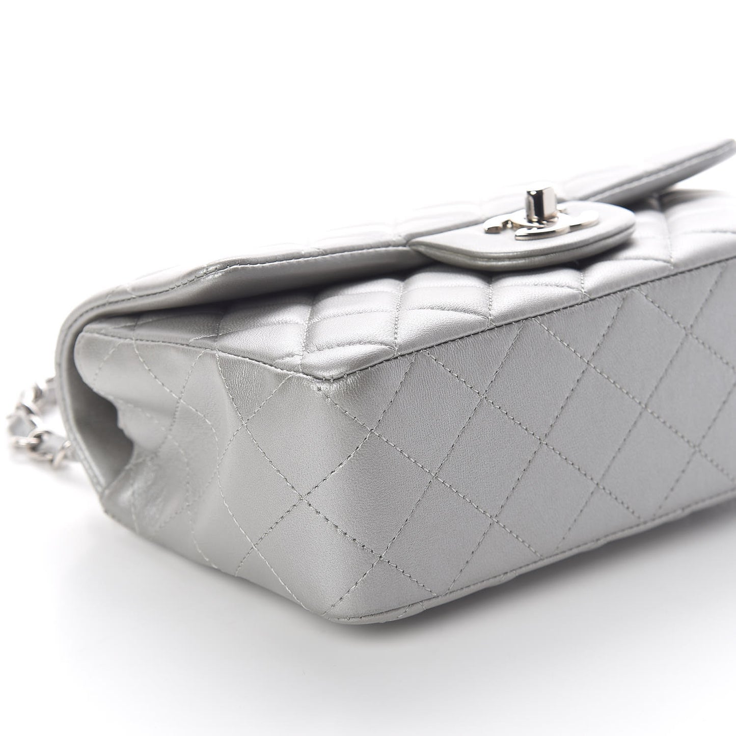 Metallic Lambskin Quilted Mini Rectangular Flap Silver