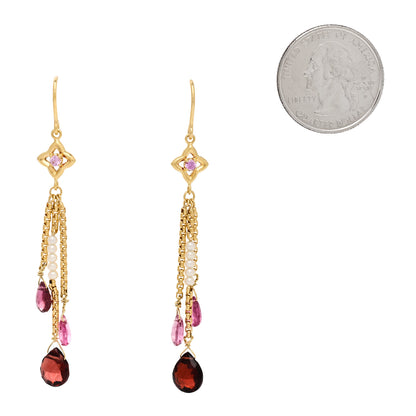 David Yurman 18K Yellow Gold Garnet Pink Sapphire Pink Tourmaline Cultured Pearl Quatrafoil Chain Drop Earrings 2 of 5