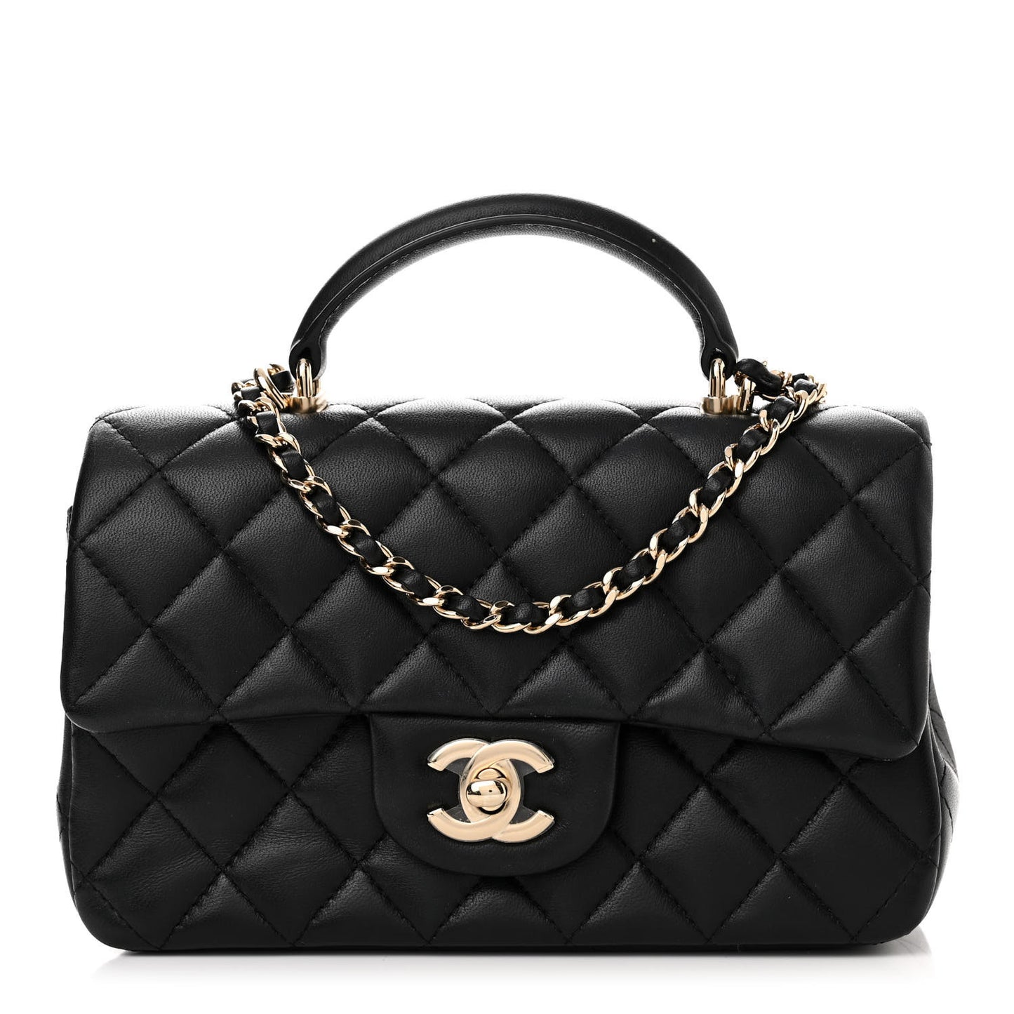 Lambskin Quilted Mini Top Handle Rectangular Flap Black