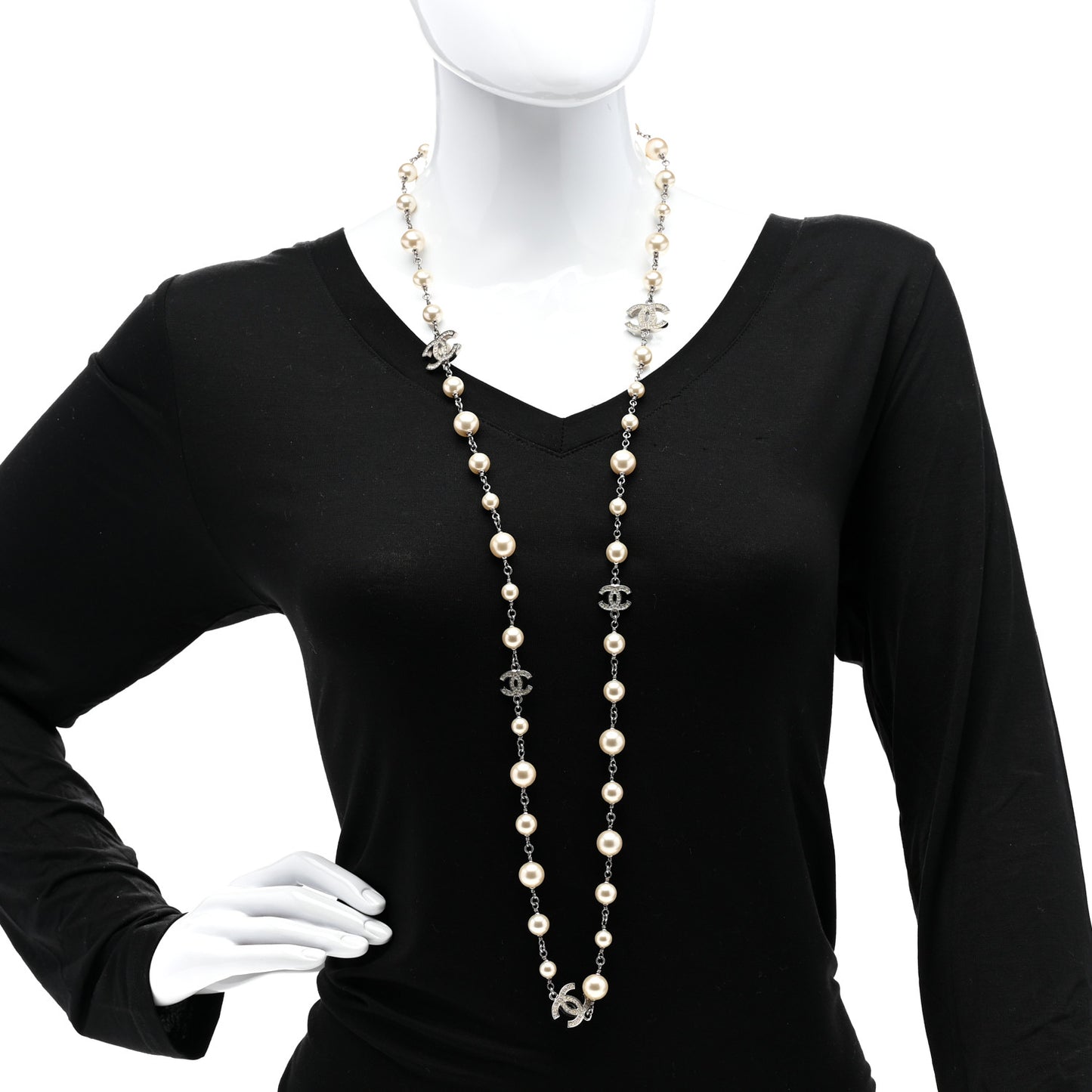 Graduated Pearl Crystal CC Long Necklace Silver
