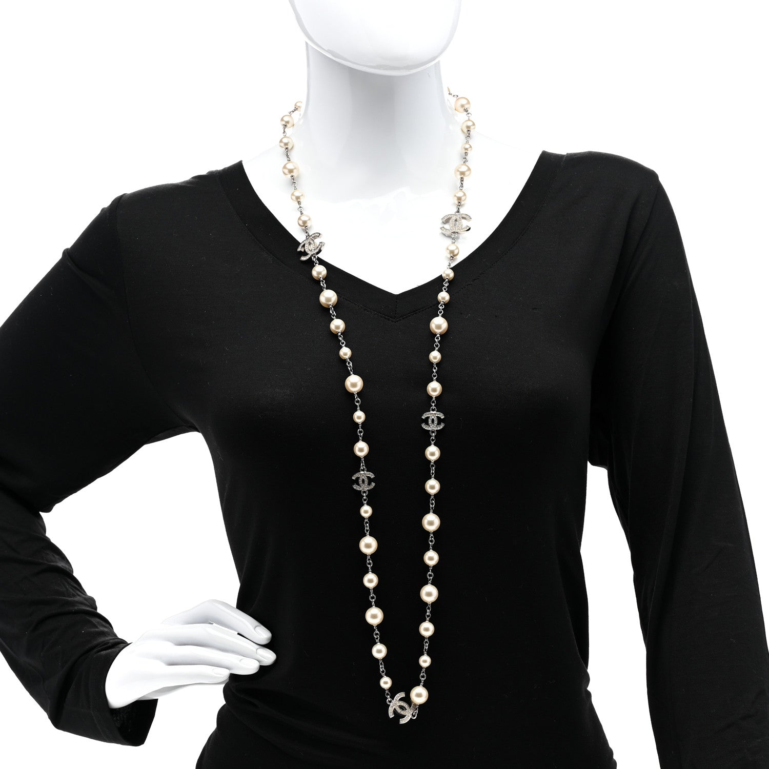 Chanel Graduated Pearl Crystal CC Long Necklace Silver 2 of 5