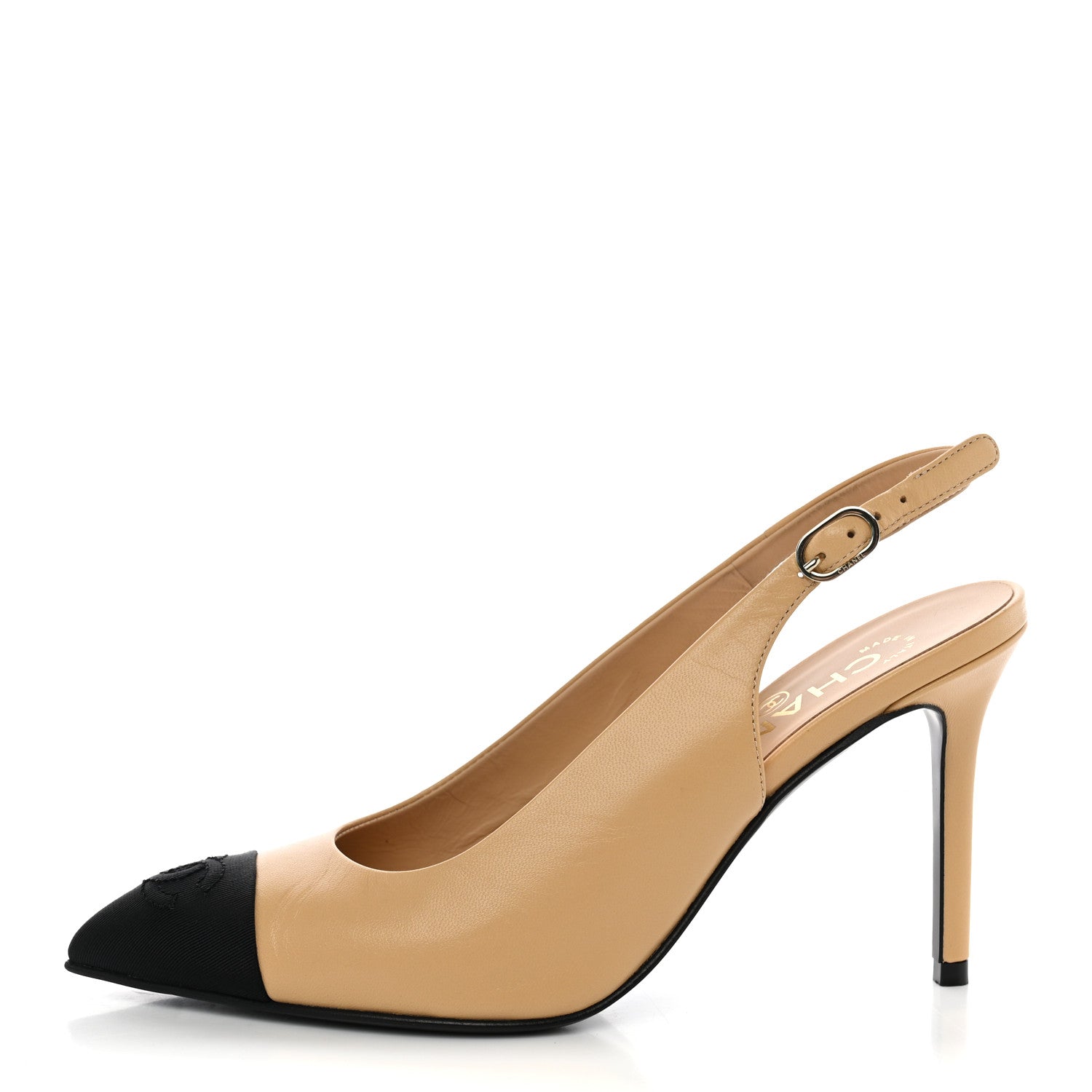Chanel Goatskin Grosgrain Pointed Cap Toe CC Slingback Pumps 36 Beige Black 1 of 12