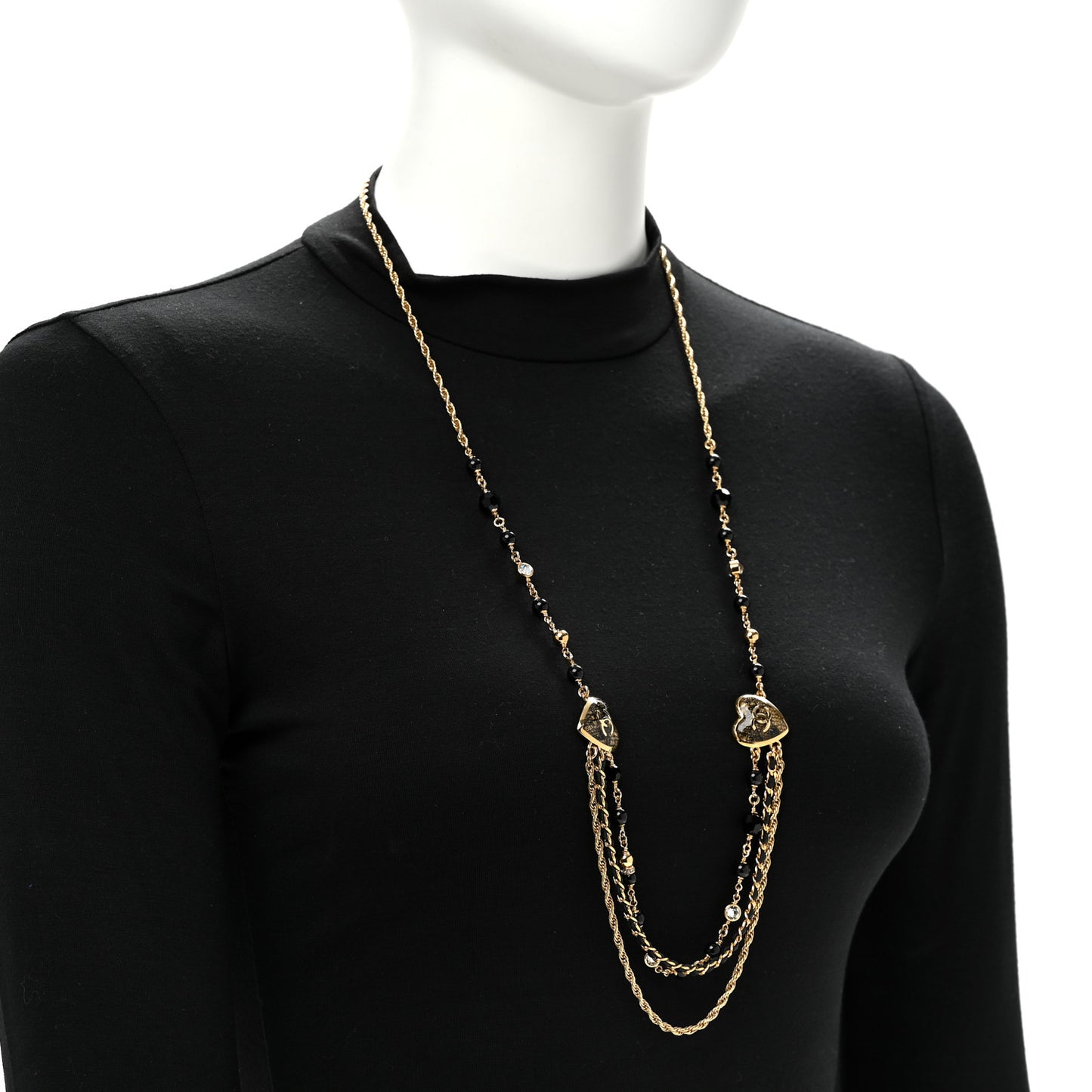 Crystal Beaded CC Heart Long Necklace Gold Black
