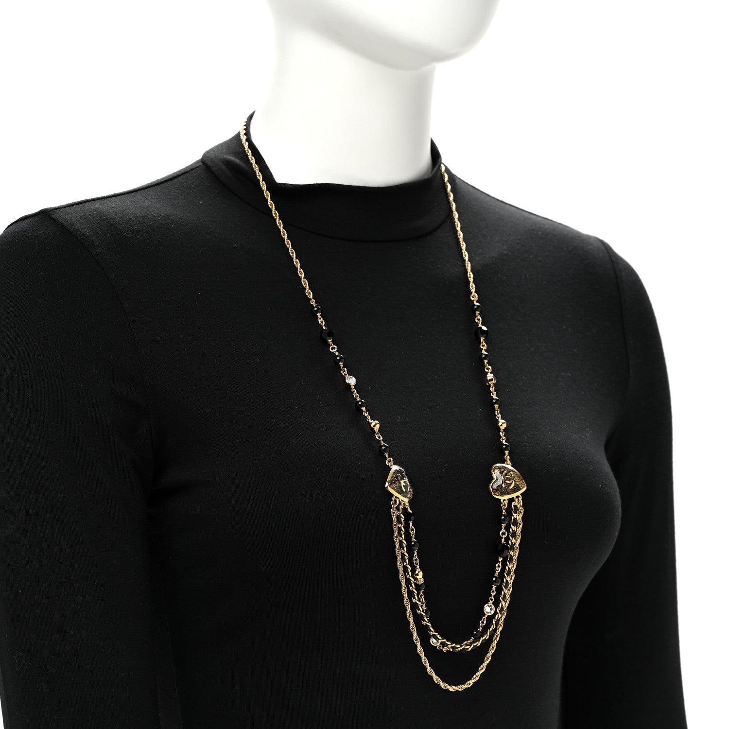 Chanel Crystal Beaded CC Heart Long Necklace Gold Black 2 of 6
