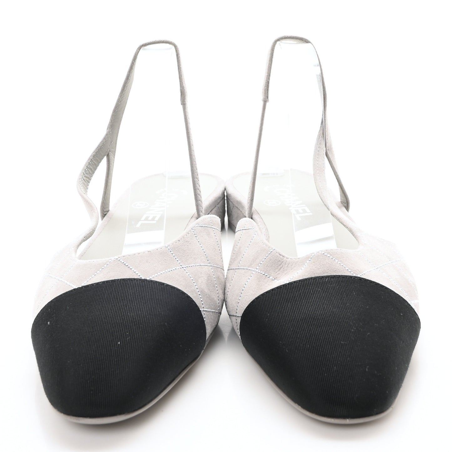 Suede Crystal Grosgrain Cap Toe CC Slingback Flats 40 Gray Silver Black