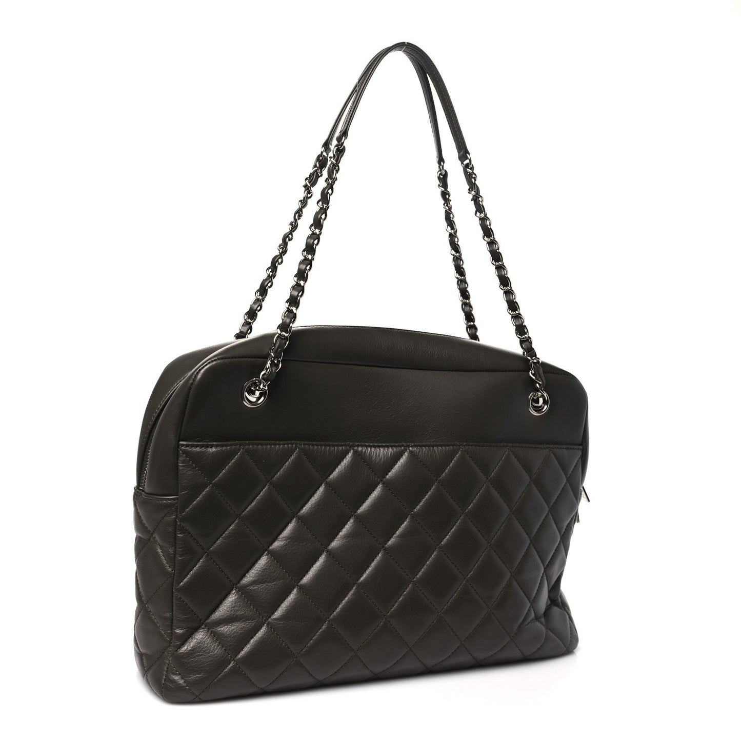 Lambskin Quilted Bowler Flap Shoulder Bag Khaki
