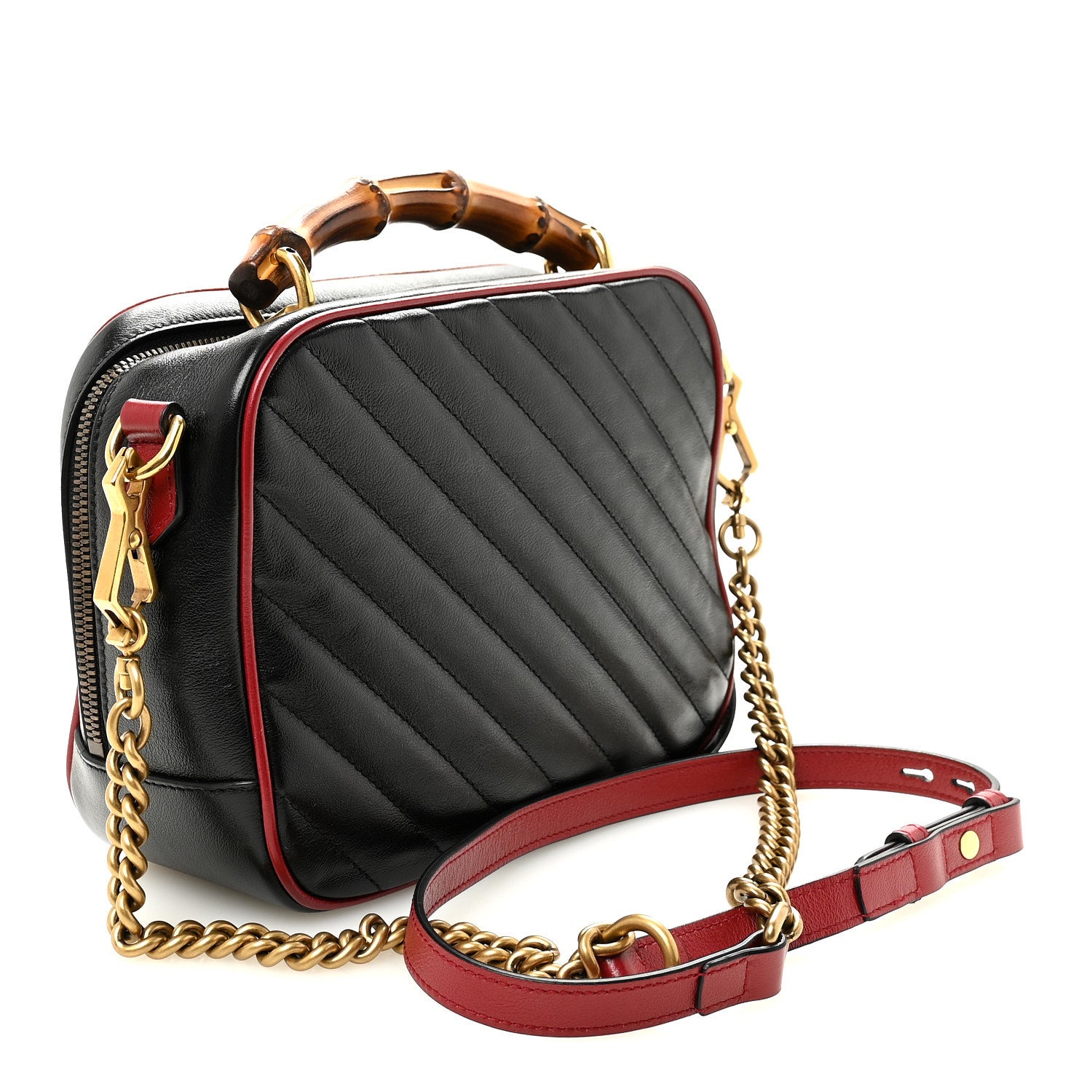 Gucci Vintage Effect Calfskin Matelasse Diagonal Small Torchon GG Marmont Bamboo Top Handle Shoulder Bag Black Romantic Cherry 3 of 10