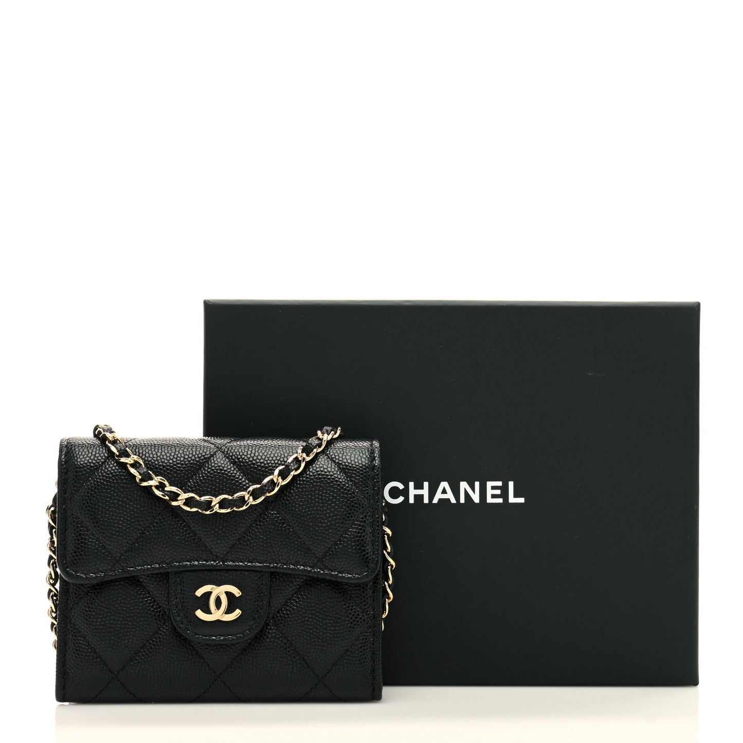 Caviar Quilted Flap Card Holder On Chain Black