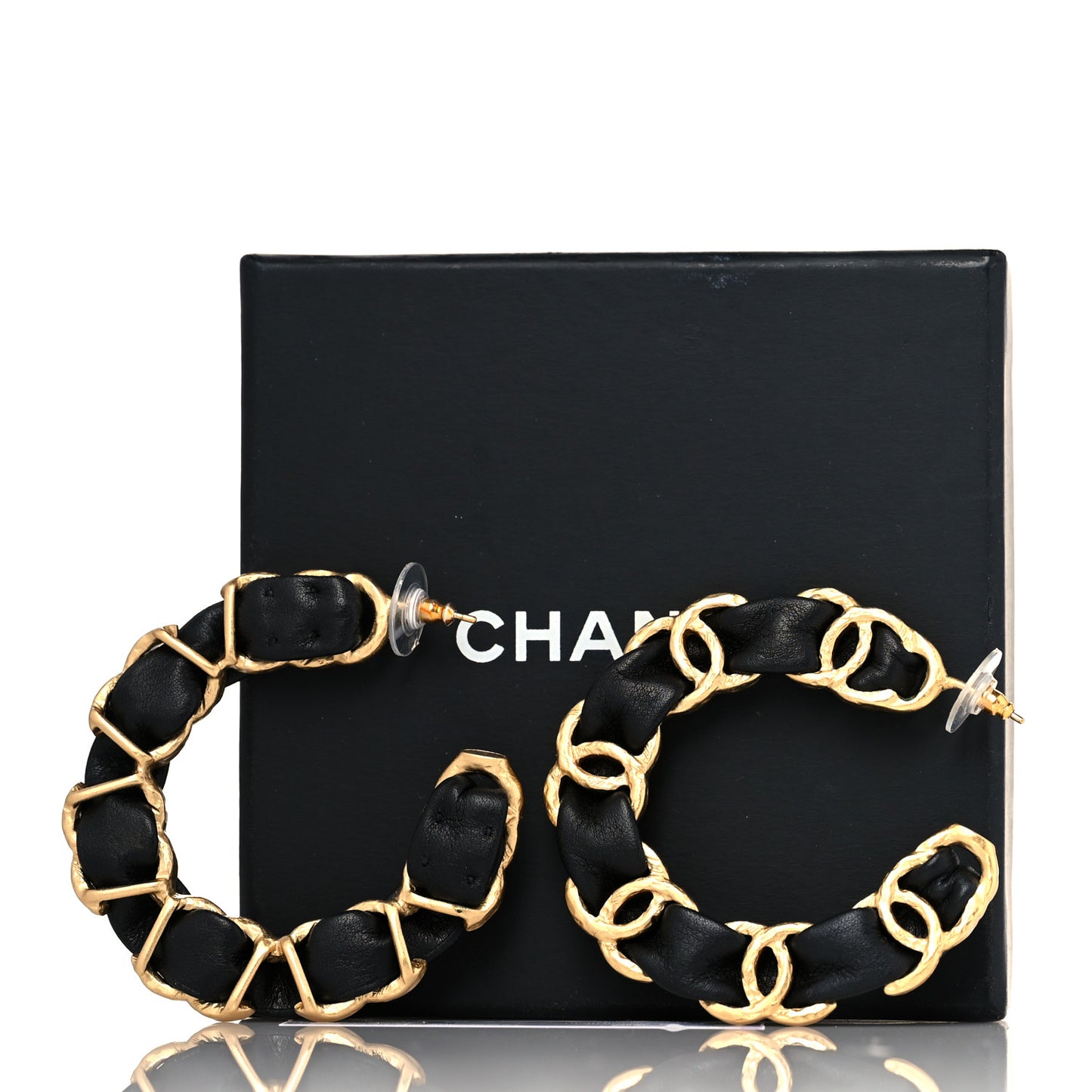Lambskin CC Chain Hoop Earrings Gold Black