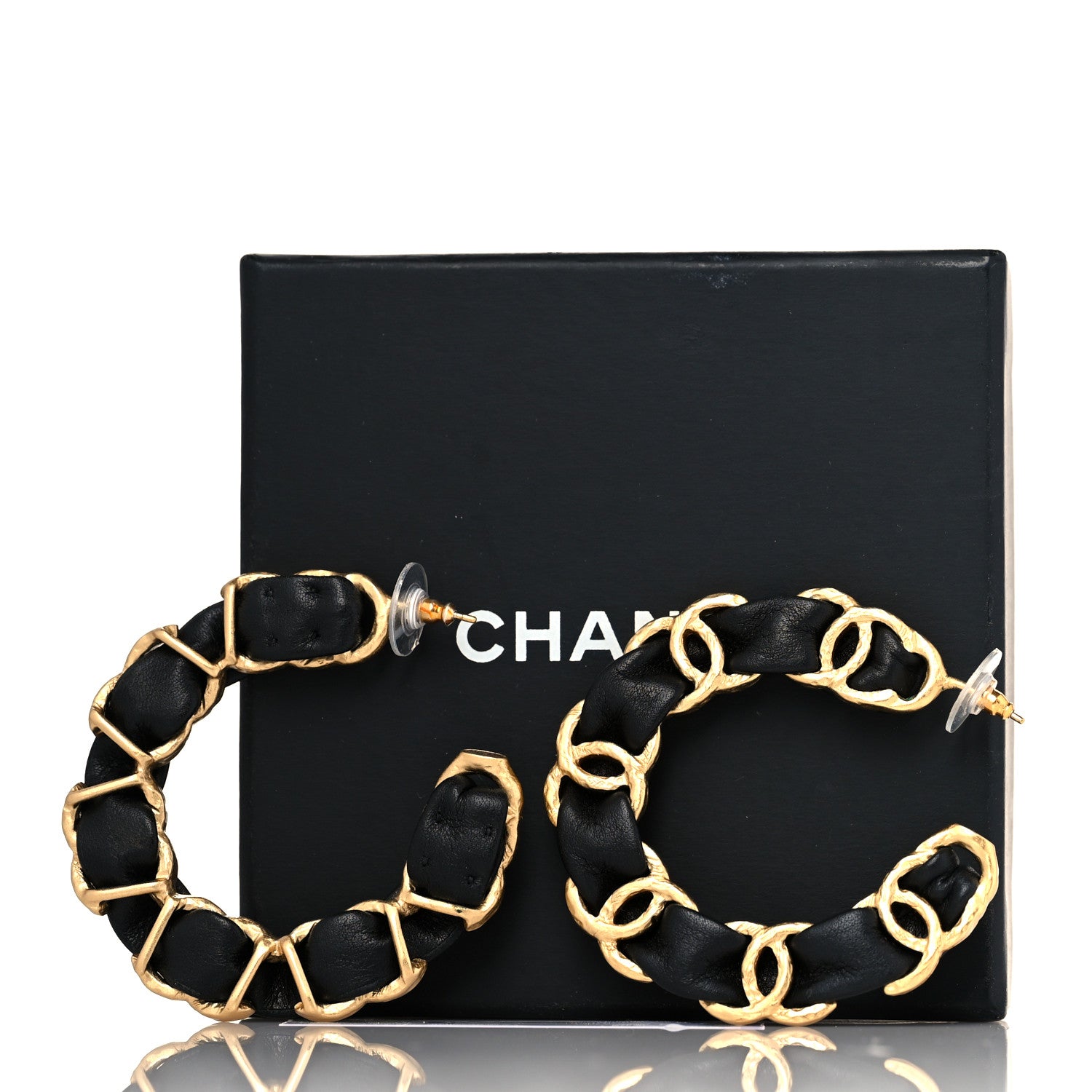 Chanel Lambskin CC Chain Hoop Earrings Gold Black 5 of 5
