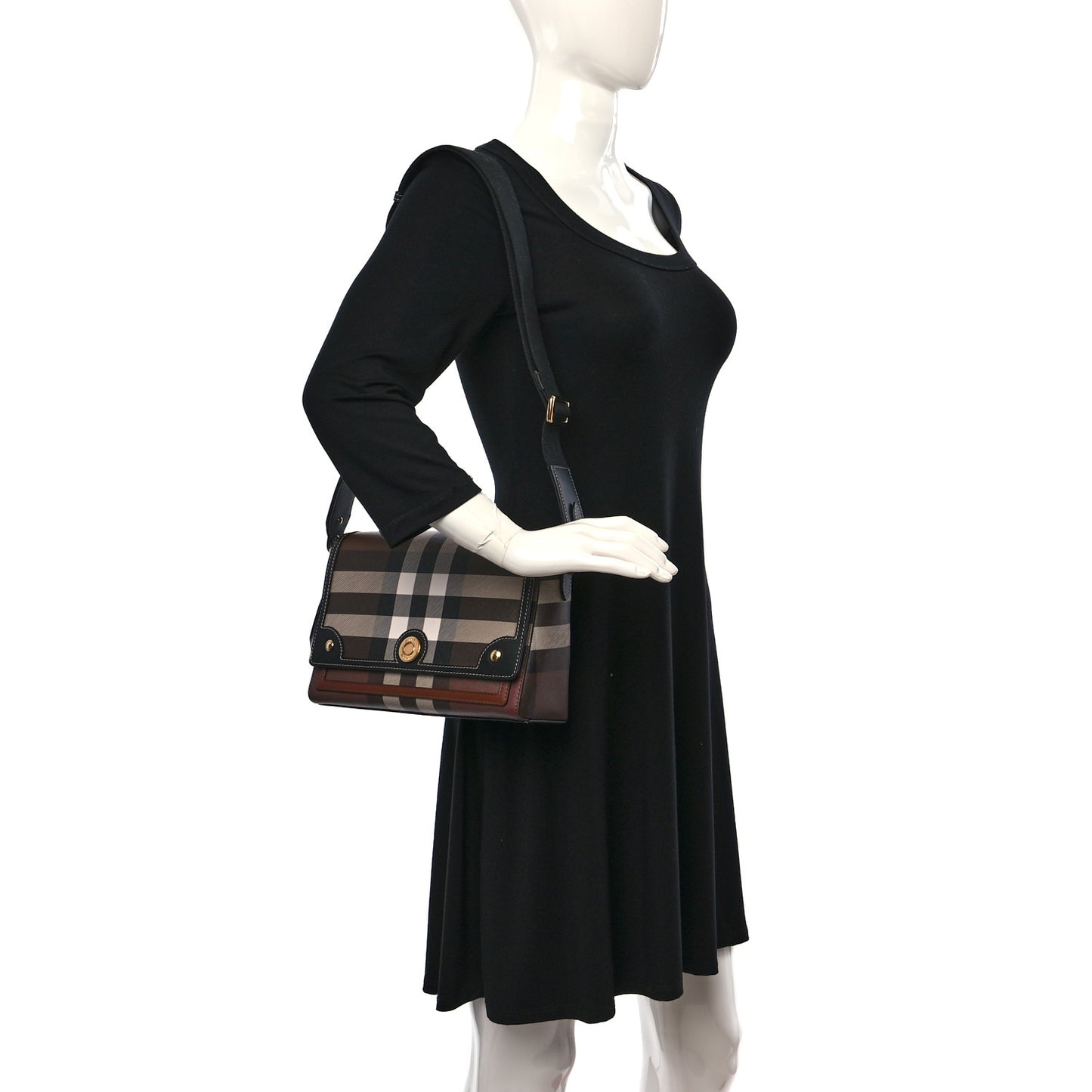 Calfskin Giant Check E-Canvas Note Crossbody Bag Dark Birch Brown