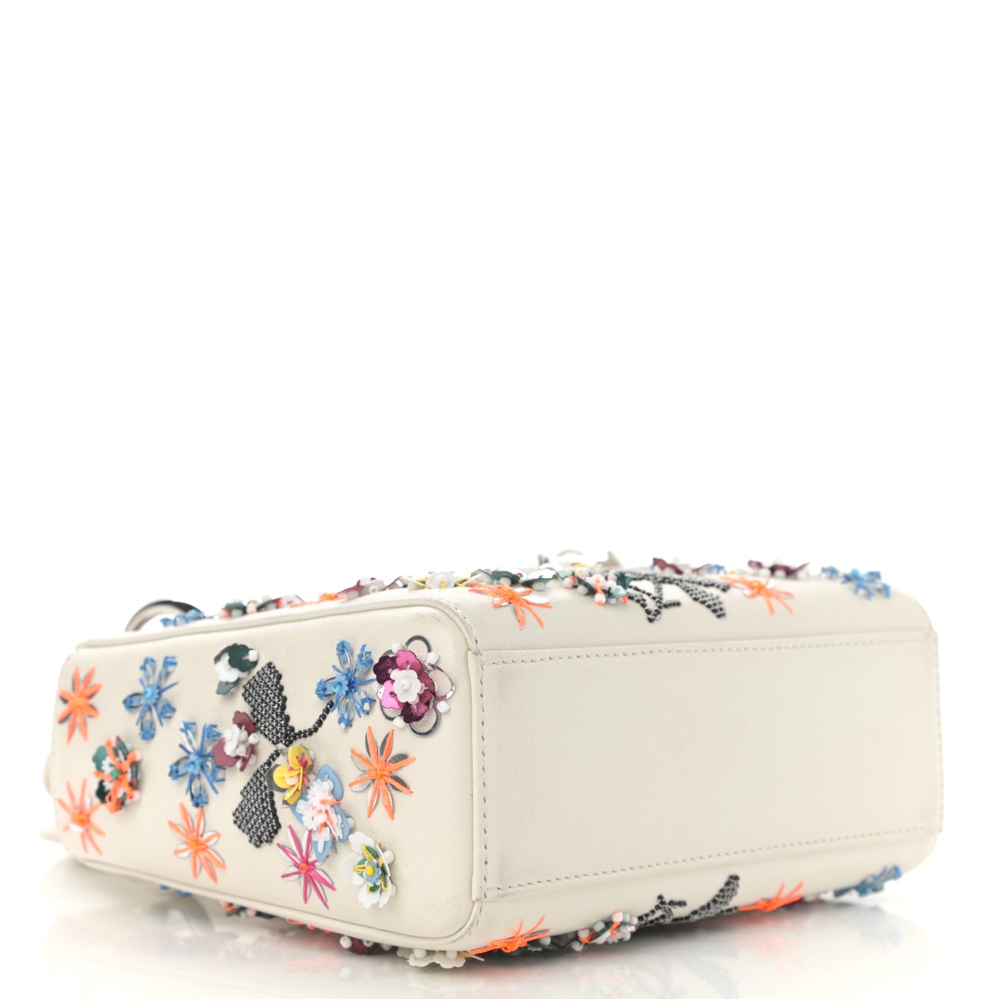 Calfskin Sequin Floral Embroidered Mini Lady Dior White Multicolor