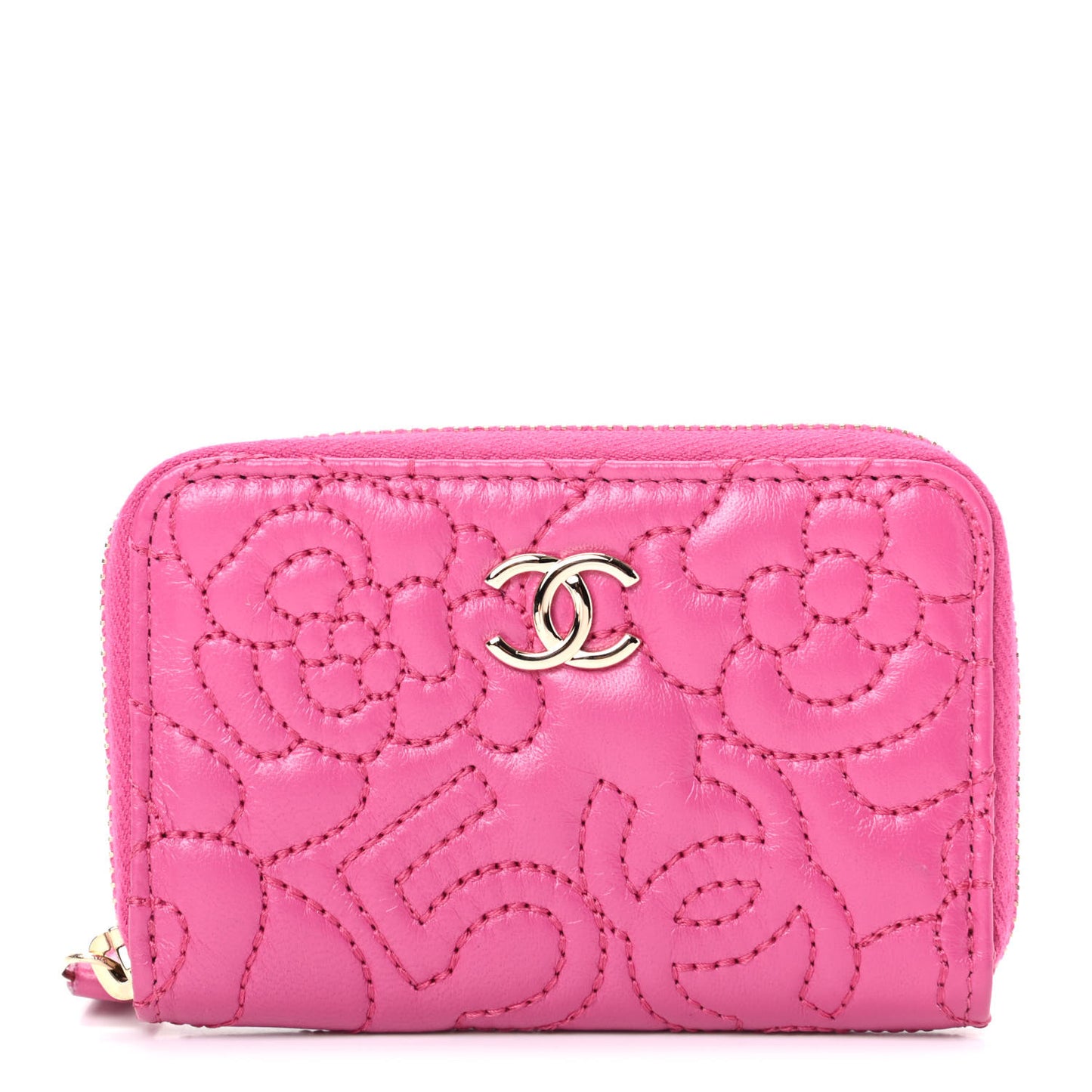 Lambskin Camellia Embossed Zip Coin Purse Fuchsia