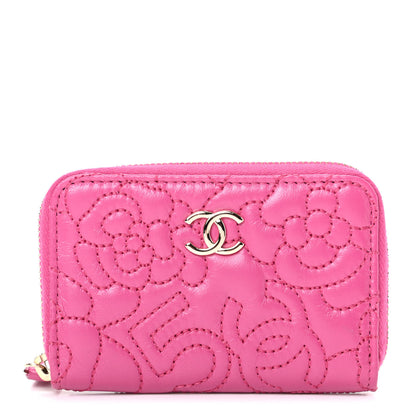 Chanel Lambskin Camellia Embossed Zip Coin Purse Fuchsia 1 of 7