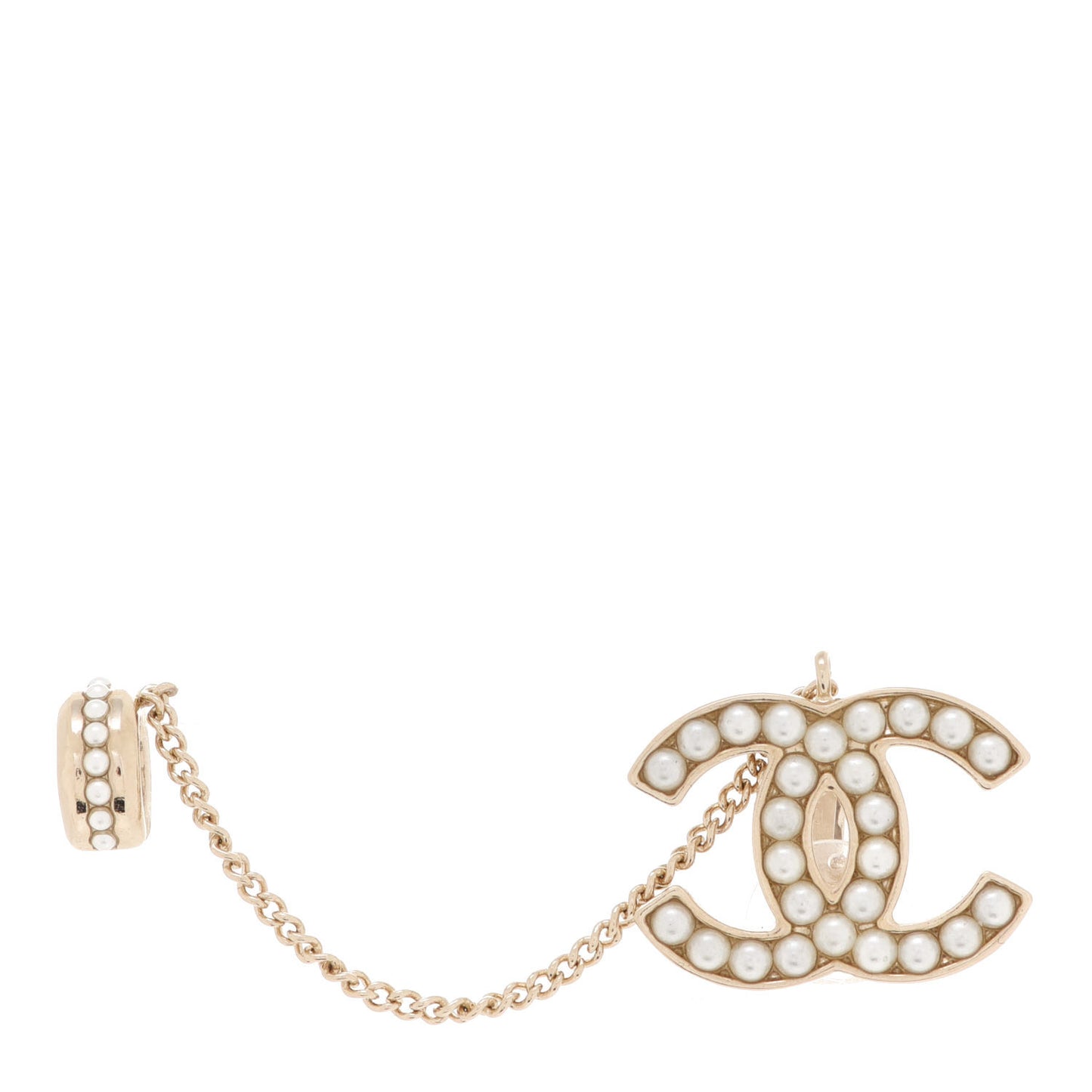 Crystal CC Chain Cuff Single Clip On Earring Gold Pearly White