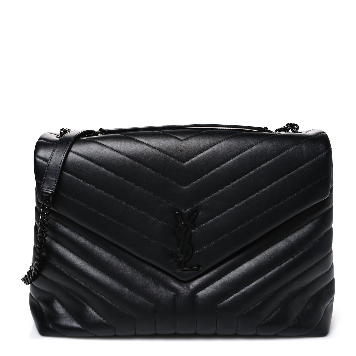 Calfskin Y Quilted Monogram Monochrome Large Loulou Chain Satchel Black
