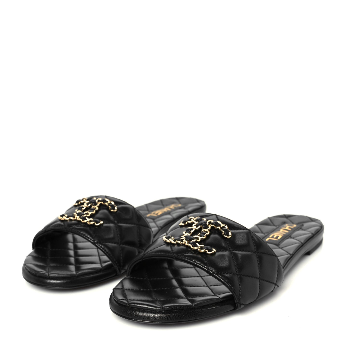 Shiny Goatskin Quilted CC Mules Sandals 39.5 Black