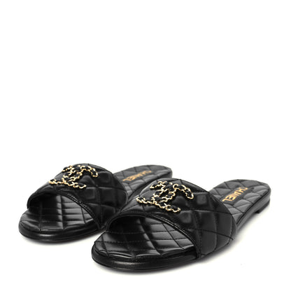 Chanel Shiny Goatskin Quilted CC Mules Sandals 39.5 Black 4 of 10