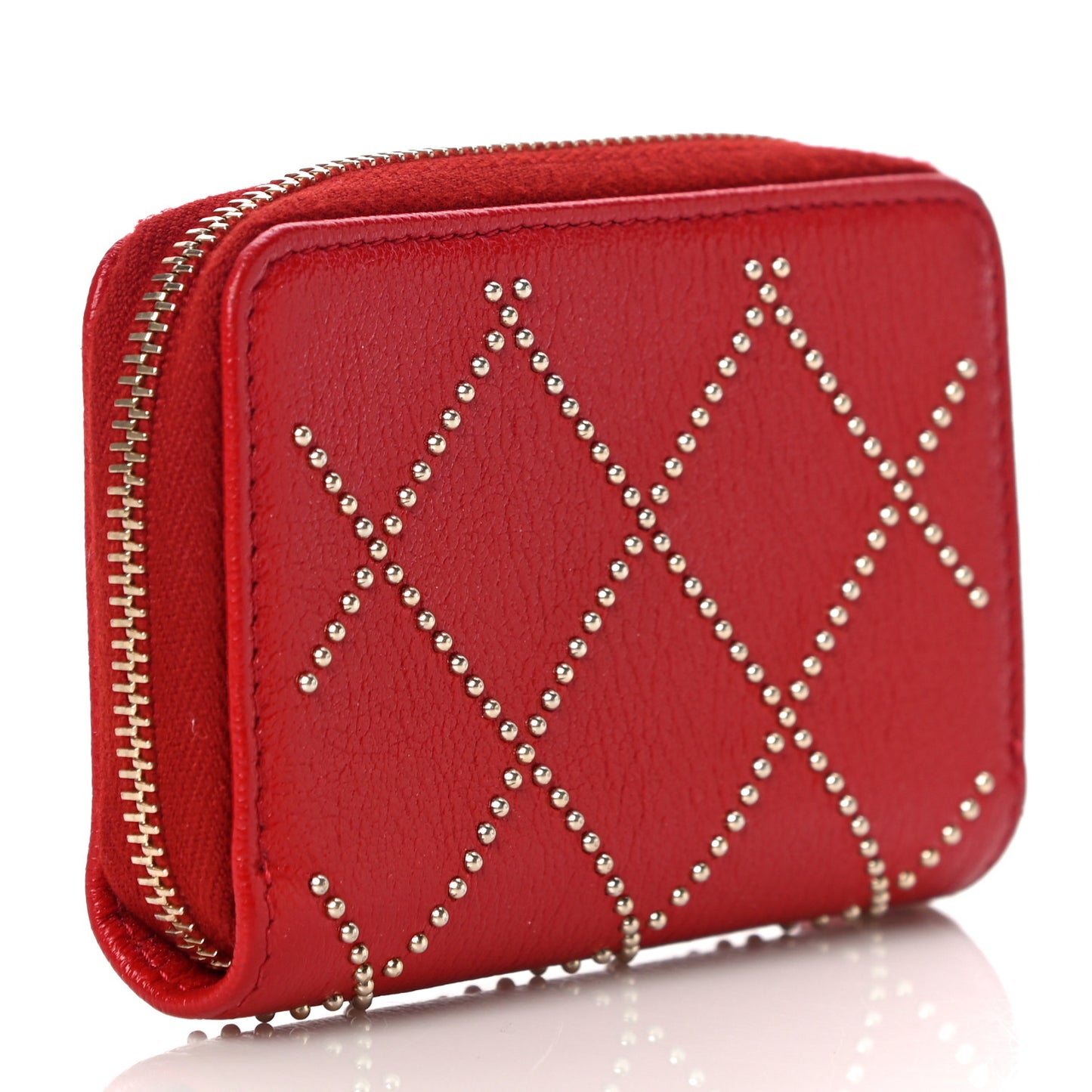 Shiny Lambskin Studded Rock The Diamond CC Zip Around Coin Purse Red