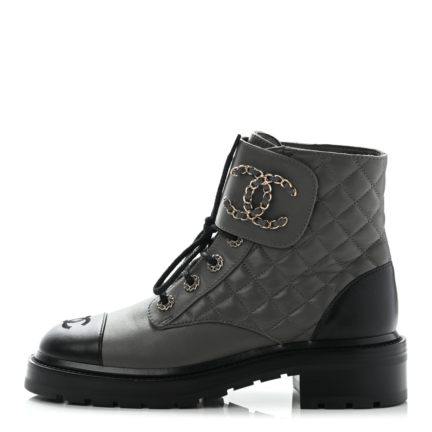 Shiny Lambskin Quilted Lace Up Combat Boots 38 Grey Black