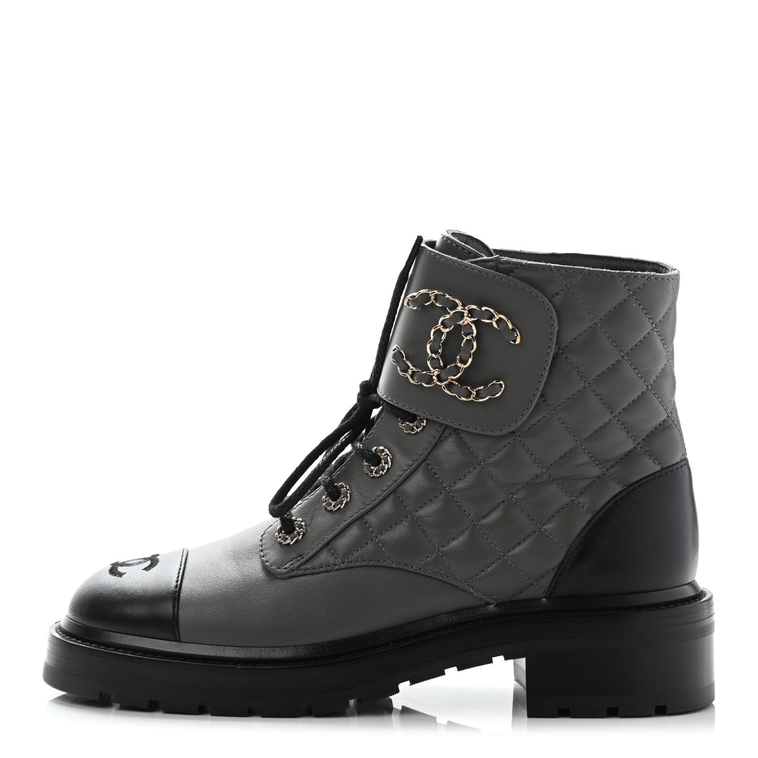 Chanel Shiny Lambskin Quilted Lace Up Combat Boots 38 Grey Black 1 of 11