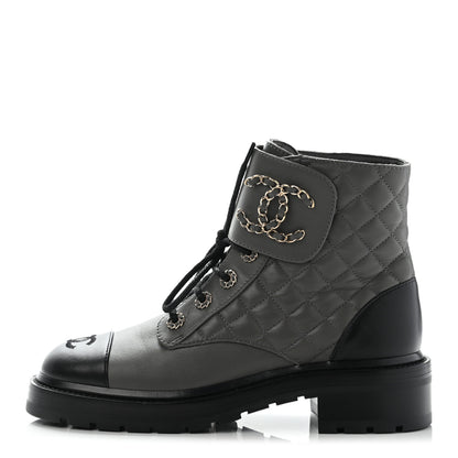 Chanel Shiny Lambskin Quilted Lace Up Combat Boots 38 Grey Black 1 of 11