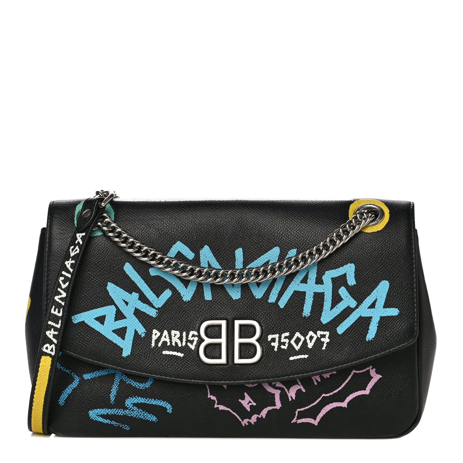 Balenciaga Grained Calfskin Graffiti M BB Round Shoulder Bag Black Multicolor 1 of 17