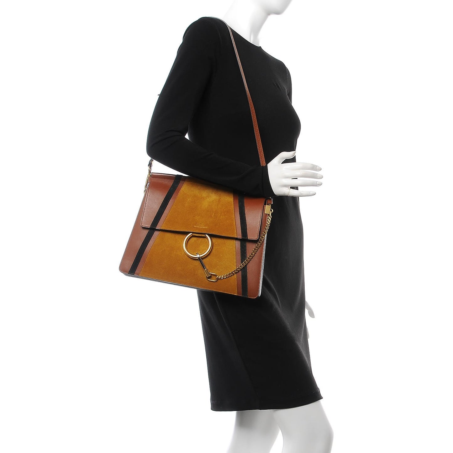 Suede Calfskin Patchwork Medium Faye Shoulder Bag Tobacco