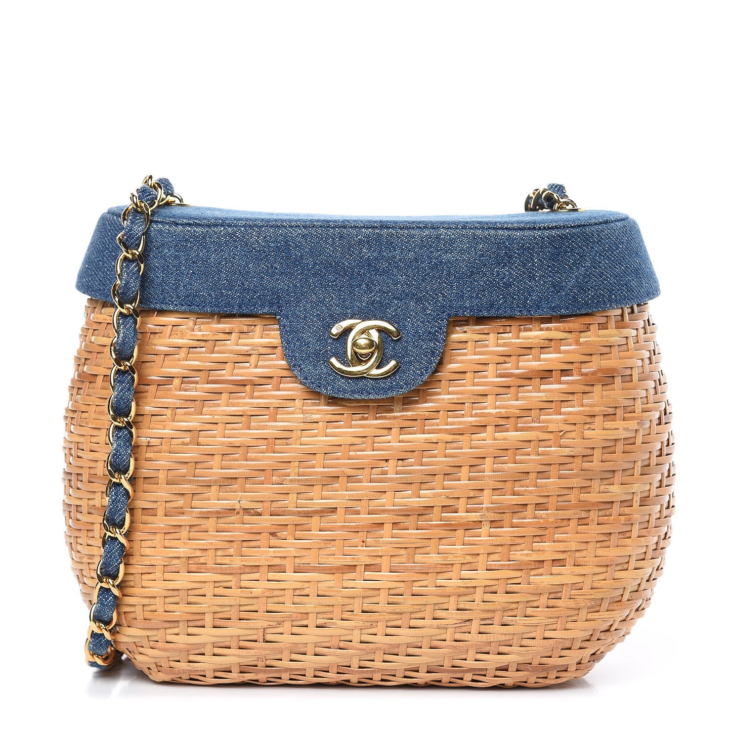 Denim Rattan Basket Shoulder Bag Blue