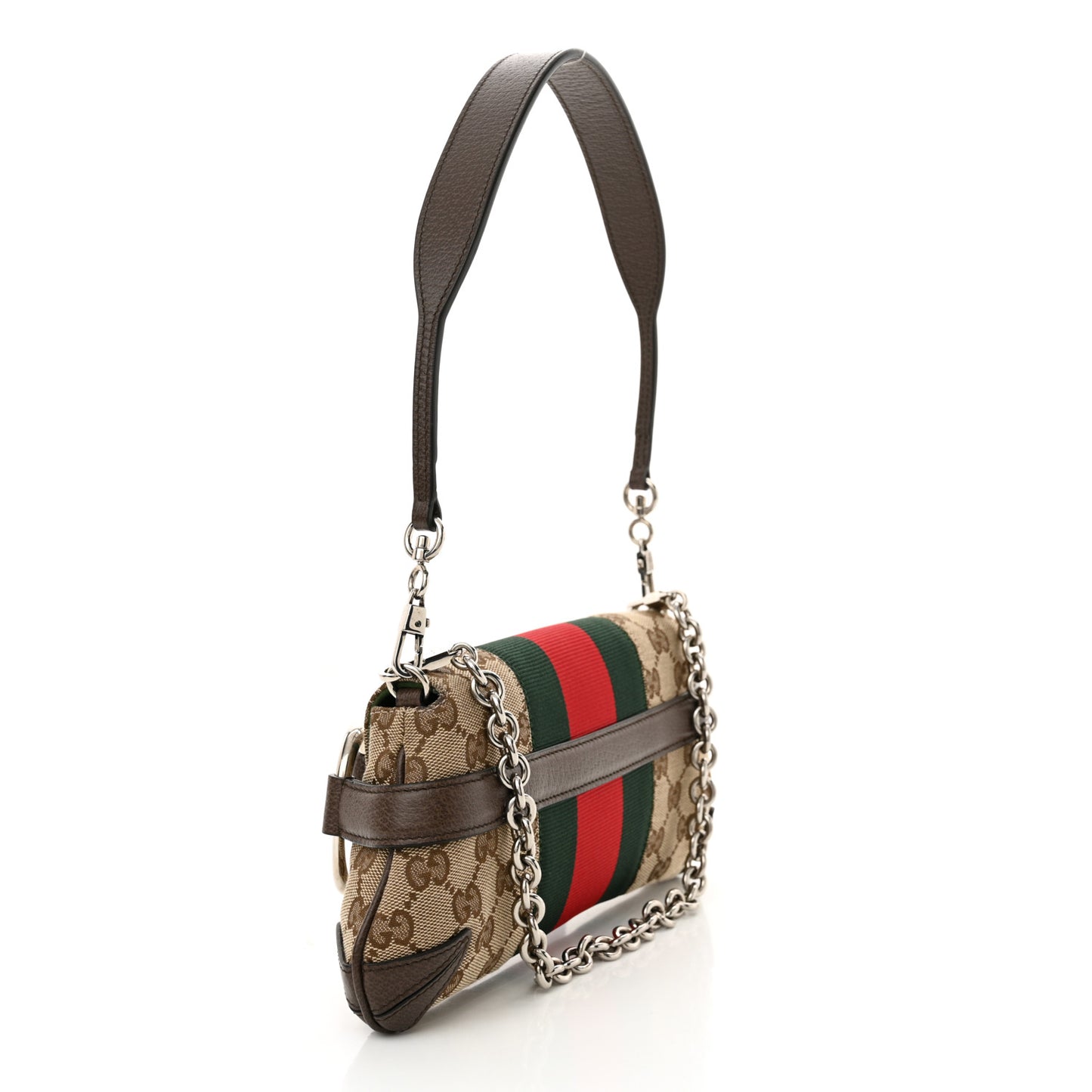 Monogram Textured Dollar Calfskin Heavy Grosgrain Web Small Maxi Horsebit Chain Shoulder Bag Beige Ebony New Acero