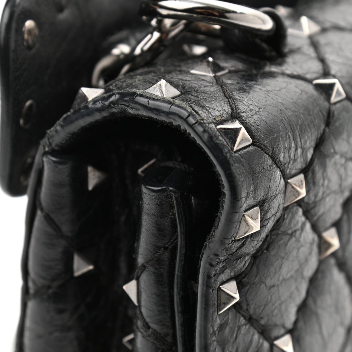 Craquele Nappa Small Rockstud Spike Shoulder Bag Black