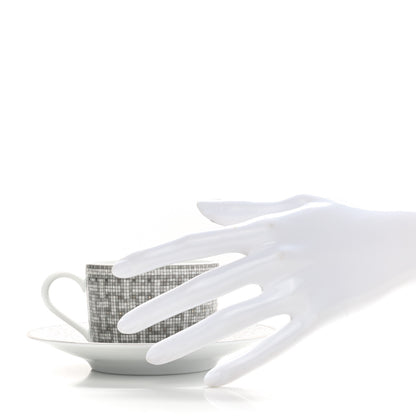 Hermes Porcelain Mosaique Au 24 Platine Tea Cup And Saucer Set Of 2 Platinum 2 of 8
