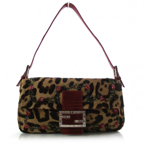 Calf Hair Leopard Print Beaded Floral Baguette Multicolor