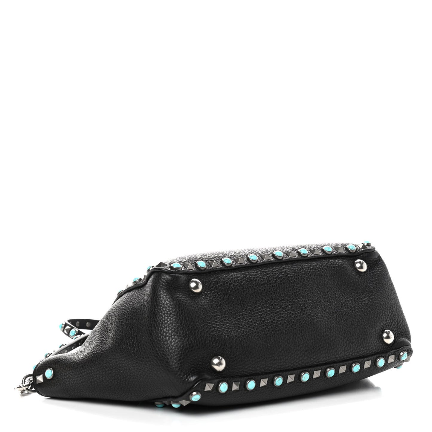 Grained Calfskin Turquoise Small Rockstud Rolling Tote Black