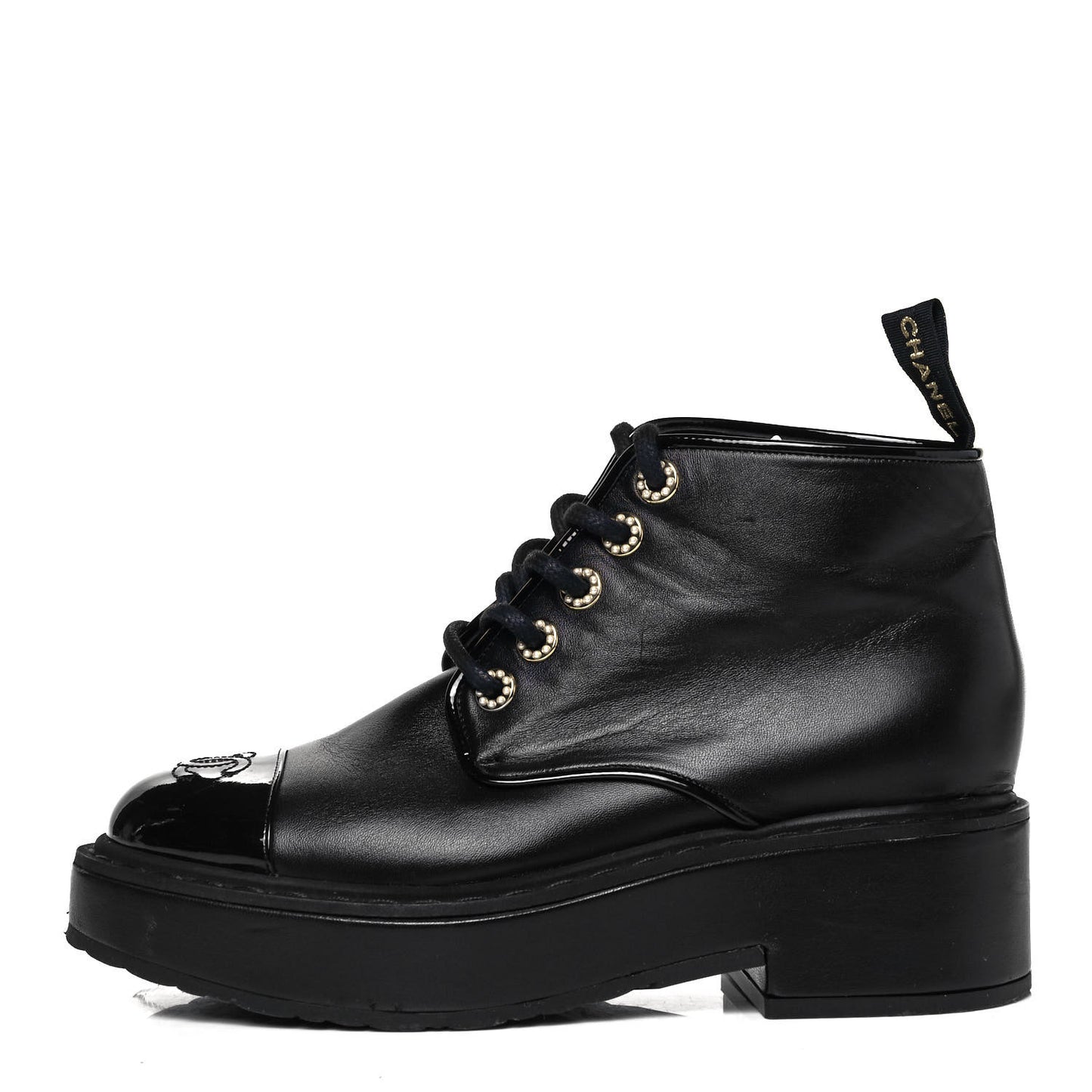 Shiny Calfskin Pearl Lace Up Combat Short Boots 38.5 Black