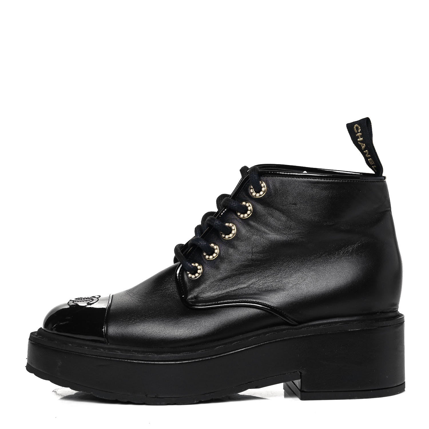 Chanel Shiny Calfskin Pearl Lace Up Combat Short Boots 38.5 Black 1 of 8