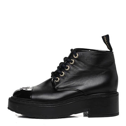 Chanel Shiny Calfskin Pearl Lace Up Combat Short Boots 38.5 Black 1 of 8